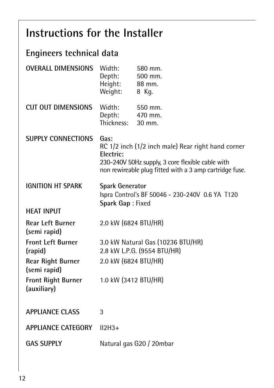 Instructions for the installer, Engineers technical data | AEG 35601G User Manual | Page 12 / 26