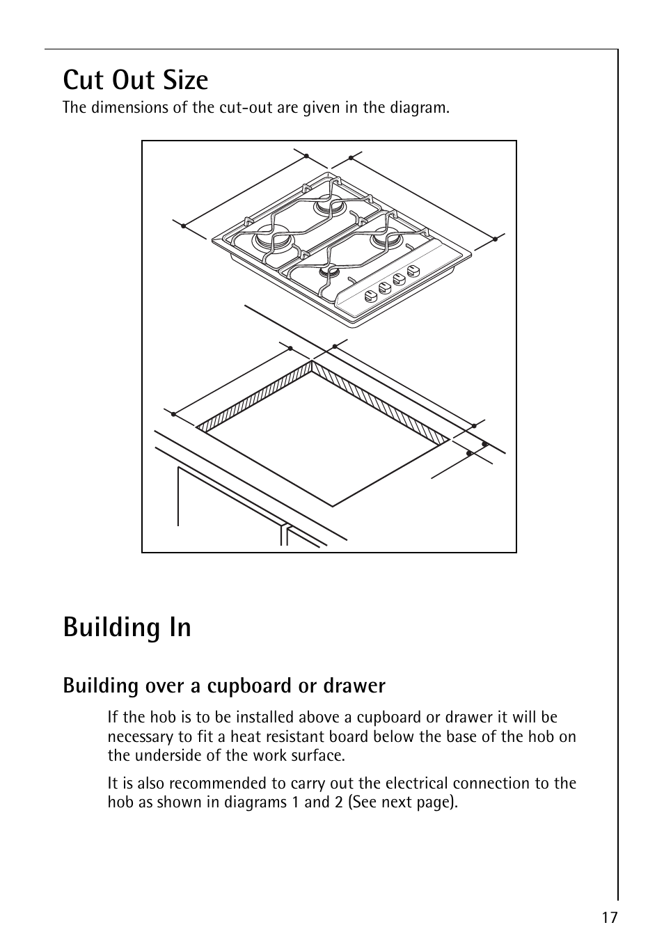 Cut out size, Building in, Building over a cupboard or drawer | AEG 35601G User Manual | Page 17 / 26