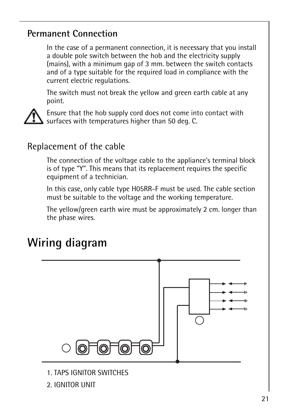 Wiring diagram, Permanent connection, Replacement of the cable | AEG 35601G User Manual | Page 21 / 26