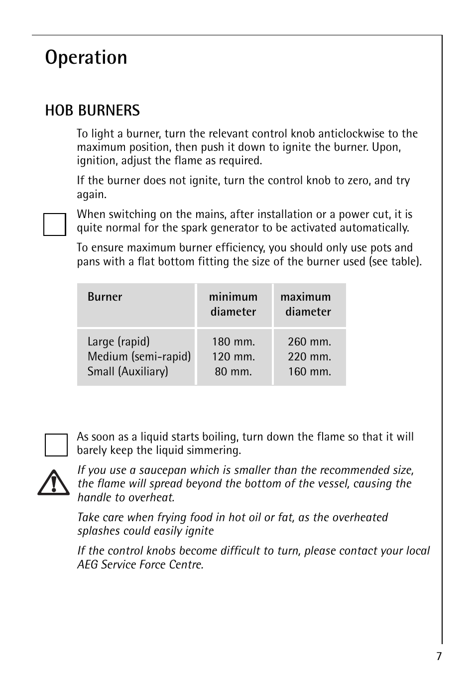 Operation, Hob burners | AEG 35601G User Manual | Page 7 / 26