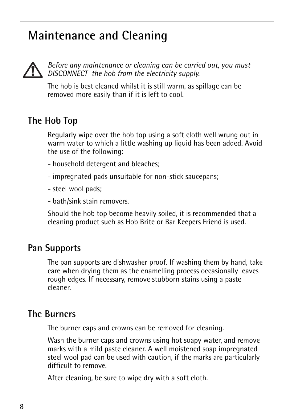 Maintenance and cleaning, The hob top, Pan supports | The burners | AEG 35601G User Manual | Page 8 / 26