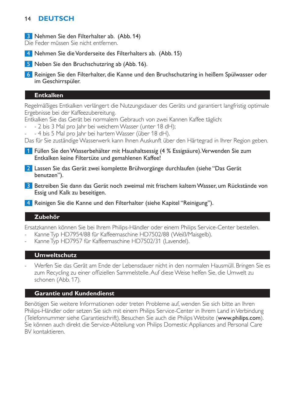 Entkalken, Zubehör, Umweltschutz | Garantie und kundendienst | Philips Cafetera User Manual | Page 14 / 56