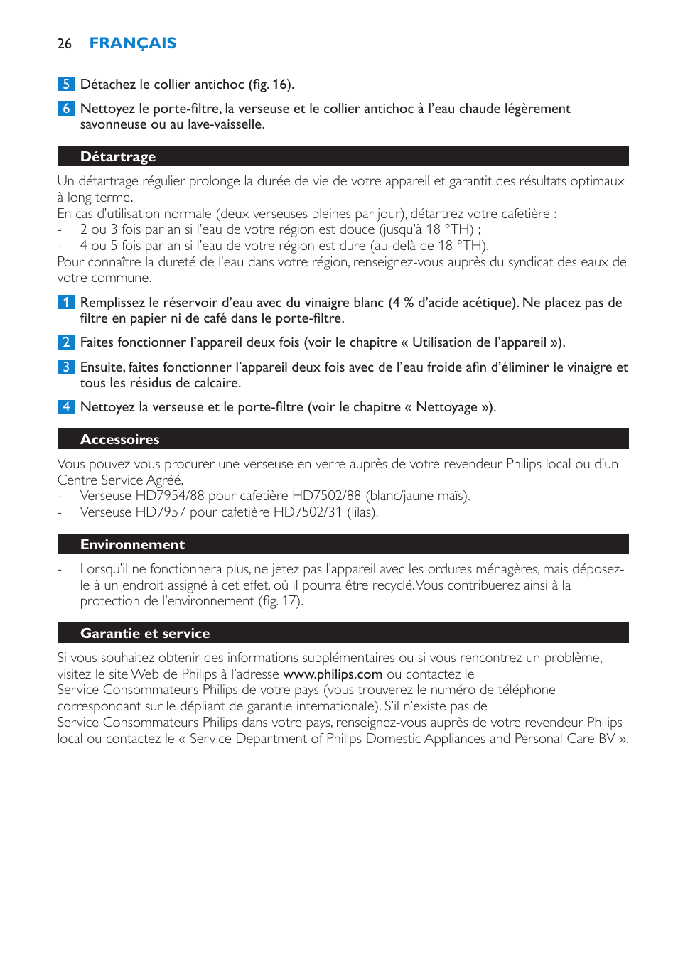 Détartrage, Accessoires, Environnement | Garantie et service | Philips Cafetera User Manual | Page 26 / 56