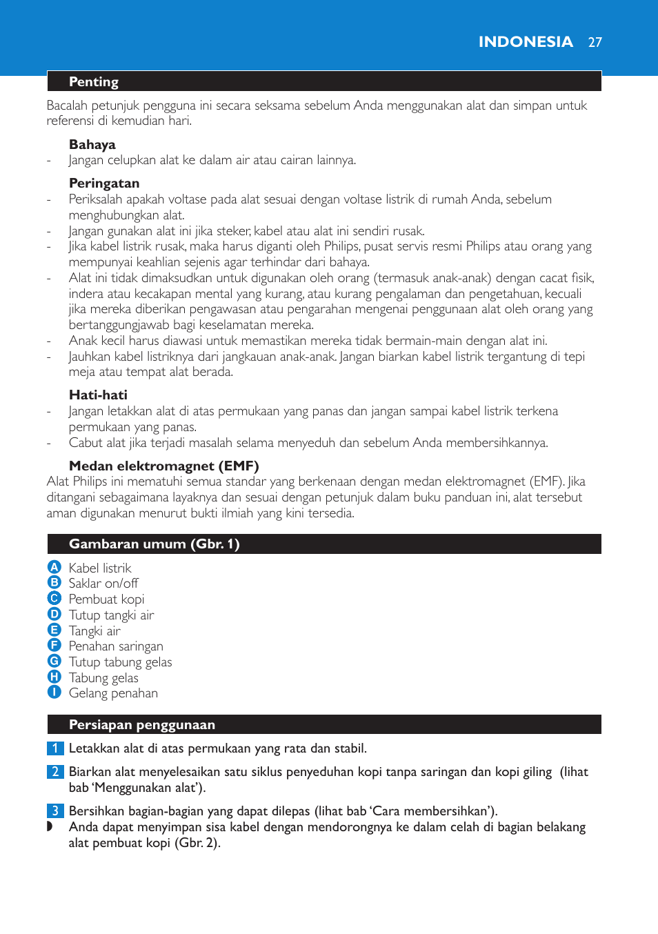 Bahaya, Peringatan, Hati-hati | Medan elektromagnet (emf), Indonesia, Penting, Gambaran umum (gbr. 1), Persiapan penggunaan | Philips Cafetera User Manual | Page 27 / 56