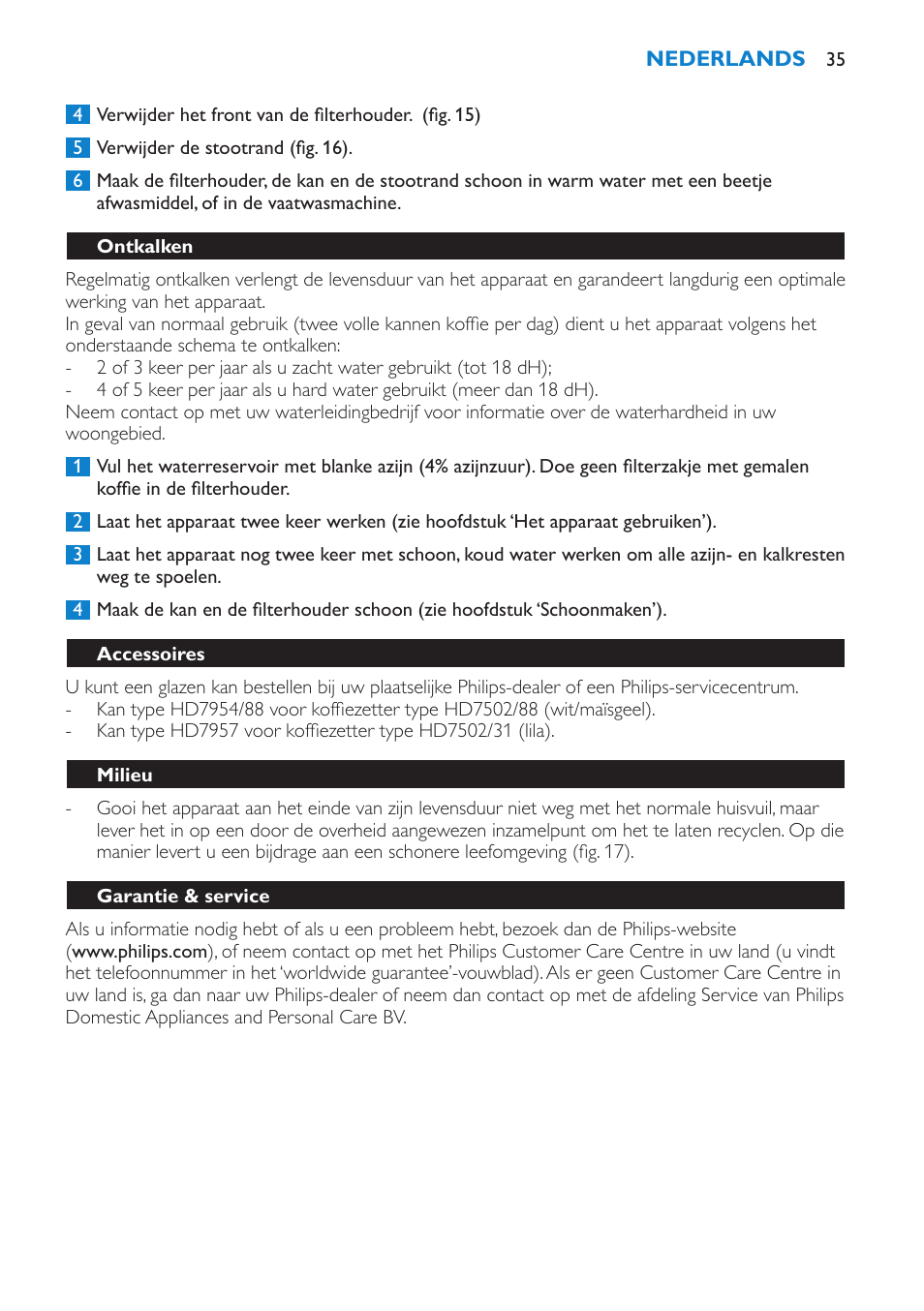 Ontkalken, Accessoires, Milieu | Garantie & service | Philips Cafetera User Manual | Page 35 / 56