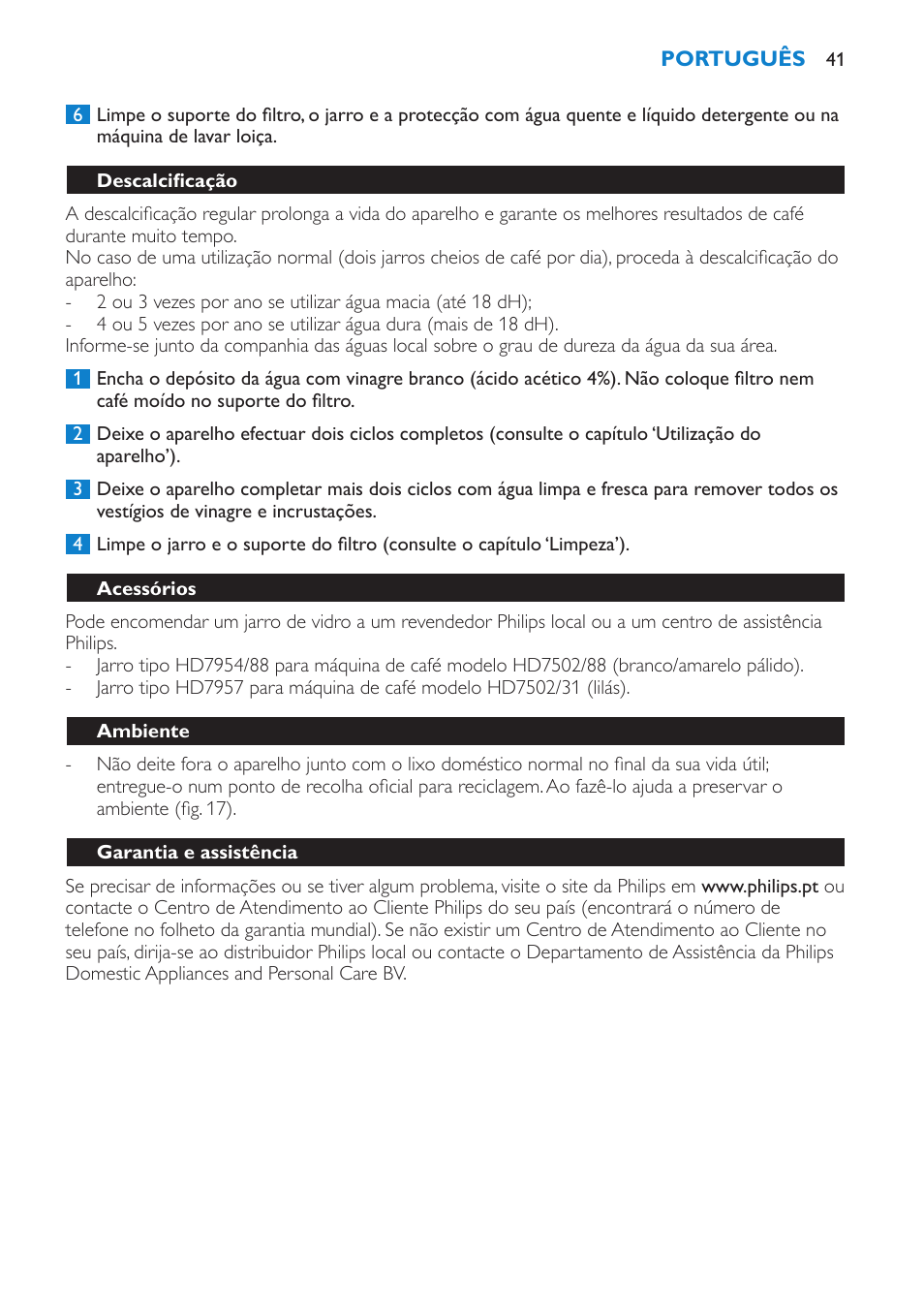 Descalcificação, Acessórios, Ambiente | Garantia e assistência | Philips Cafetera User Manual | Page 41 / 56