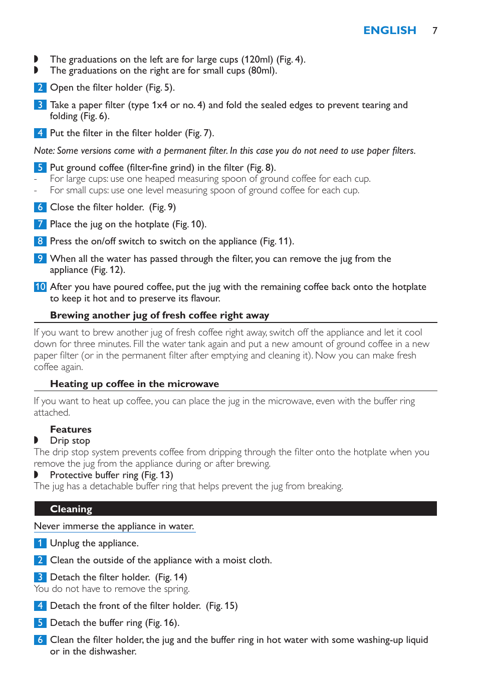 Brewing another jug of fresh coffee right away, Heating up coffee in the microwave, Features | Cleaning | Philips Cafetera User Manual | Page 7 / 56