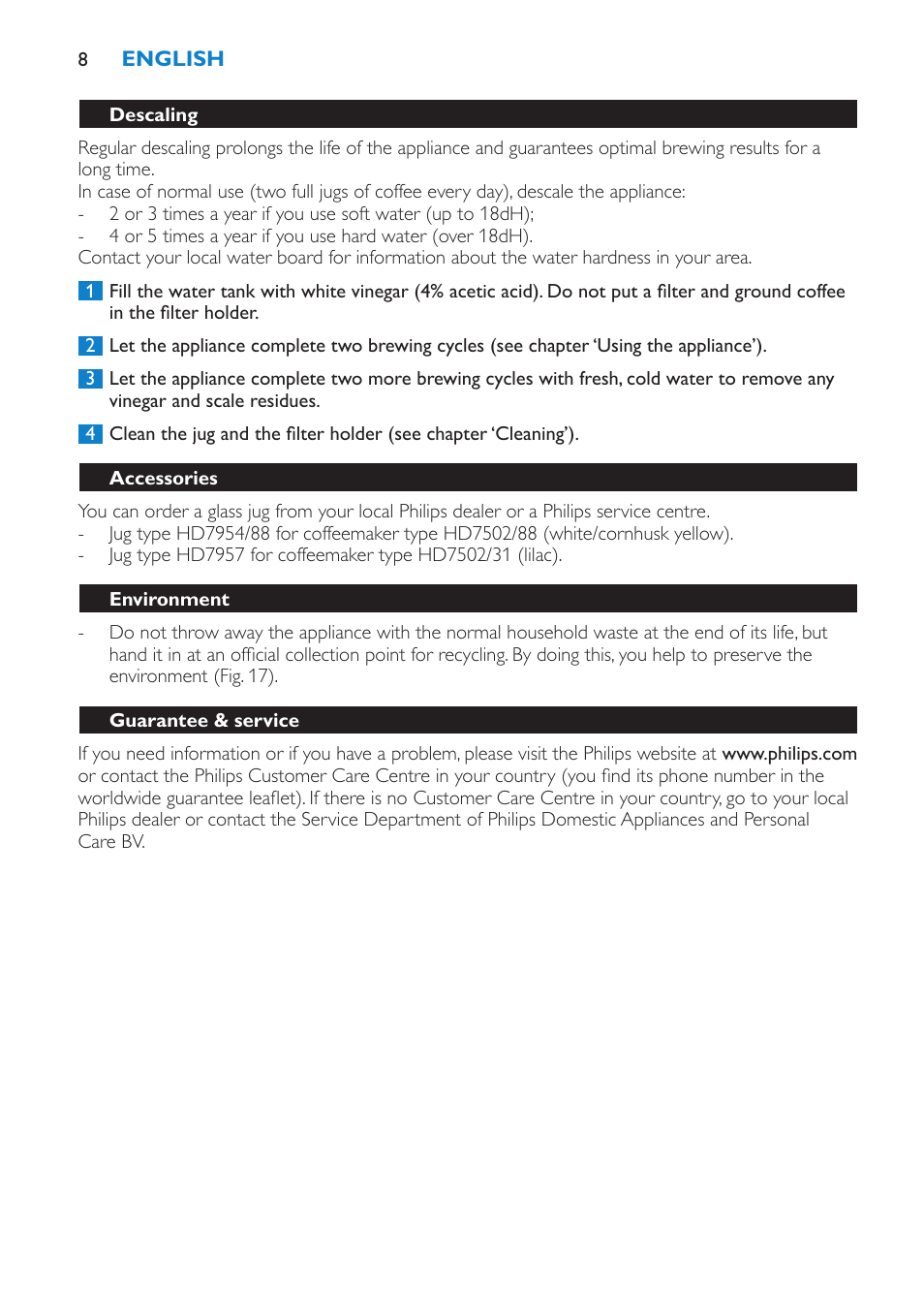 Descaling, Accessories, Environment | Guarantee & service | Philips Cafetera User Manual | Page 8 / 56