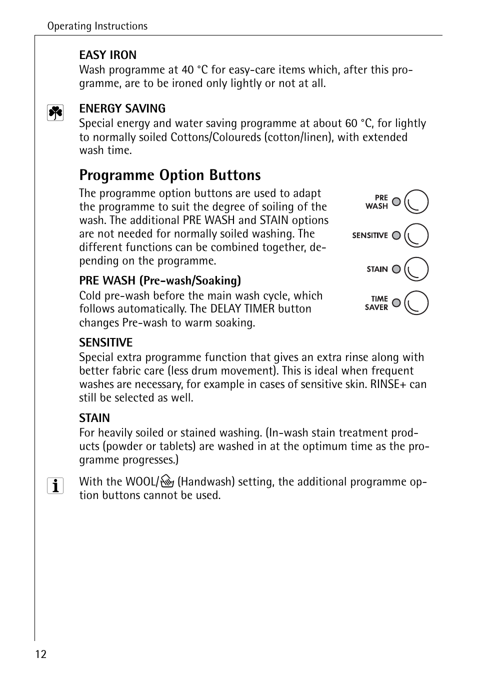 Programme option buttons | AEG LAVAMAT 86741 User Manual | Page 12 / 60
