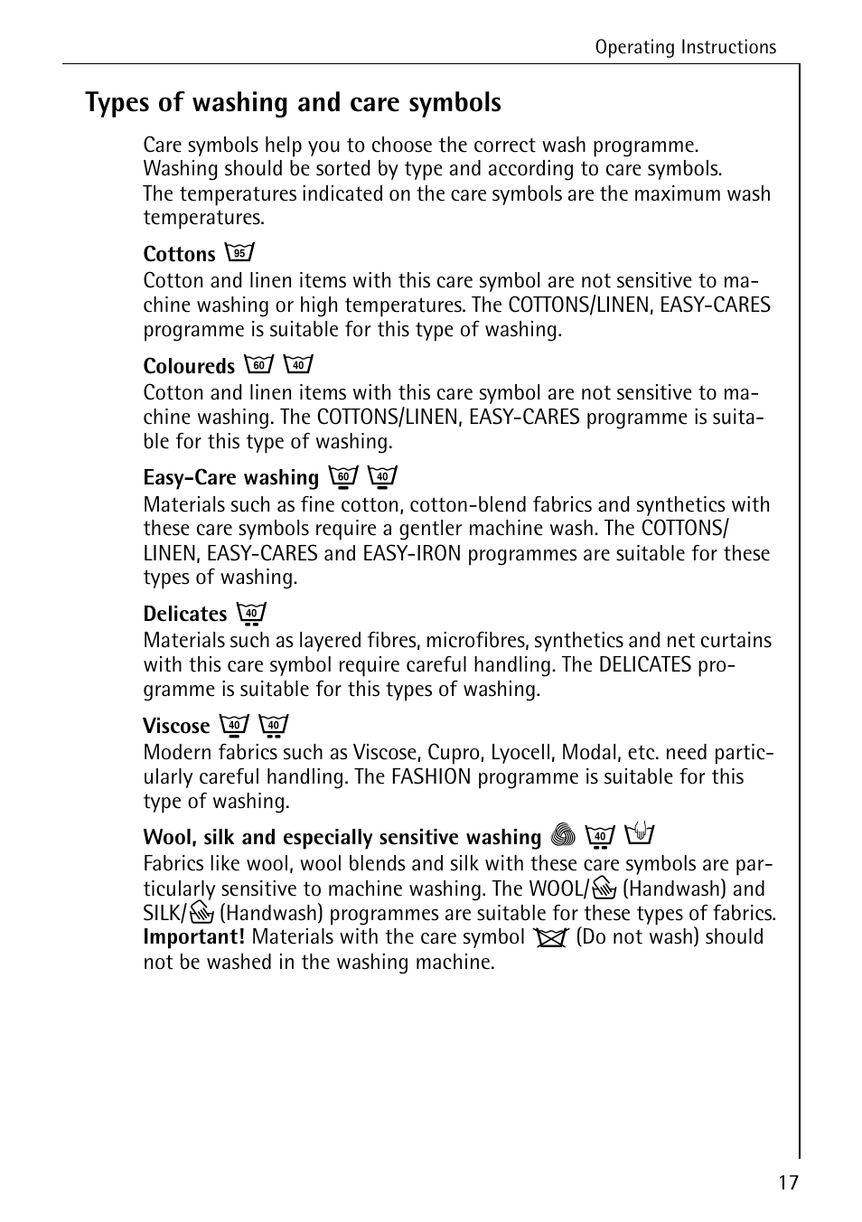 Types of washing and care symbols | AEG LAVAMAT 86741 User Manual | Page 17 / 60