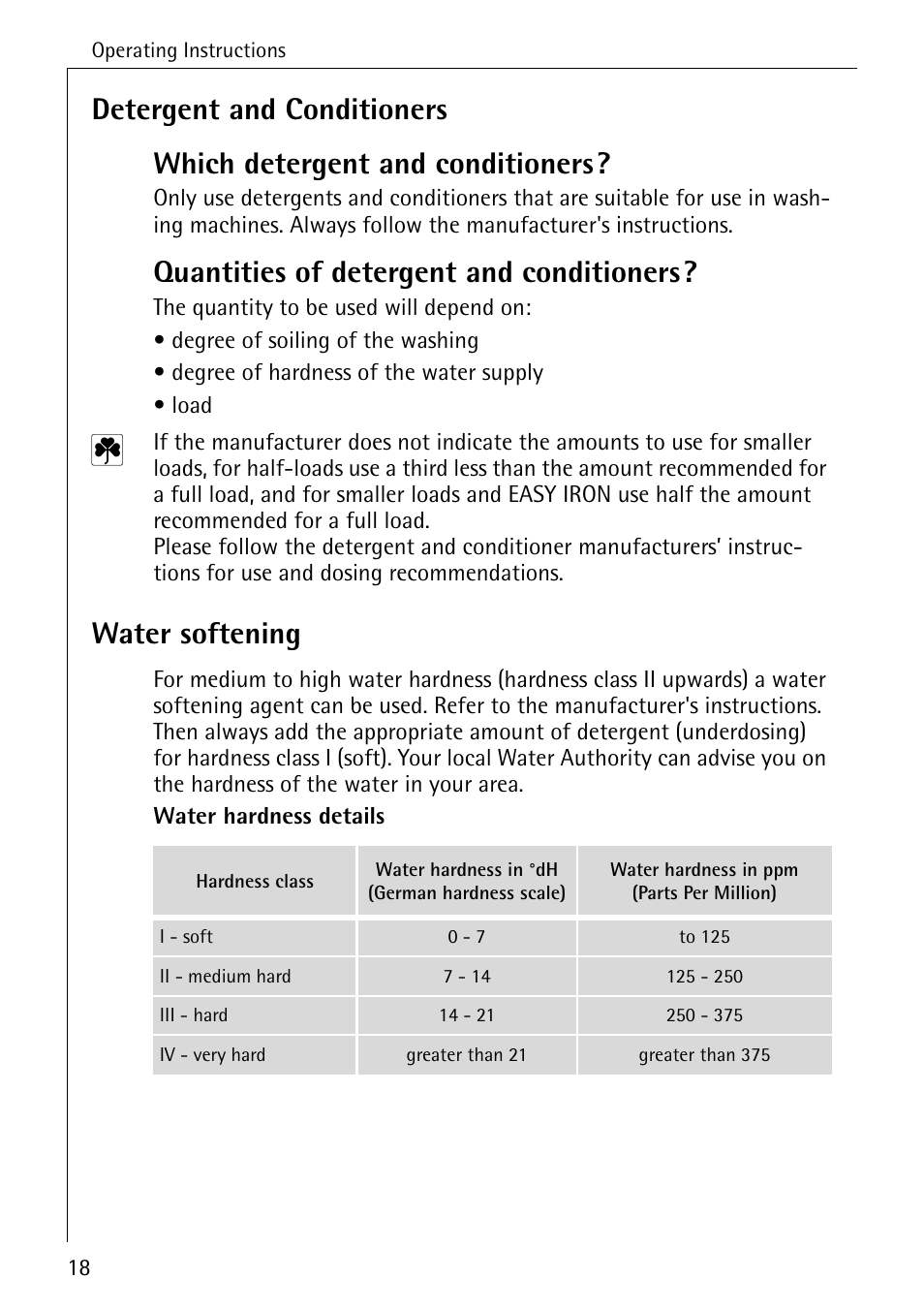 Quantities of detergent and conditioners, Water softening | AEG LAVAMAT 86741 User Manual | Page 18 / 60