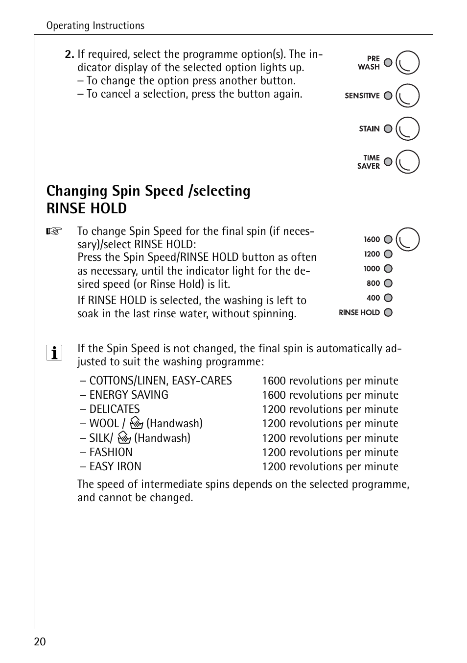 Changing spin speed /selecting rinse hold | AEG LAVAMAT 86741 User Manual | Page 20 / 60