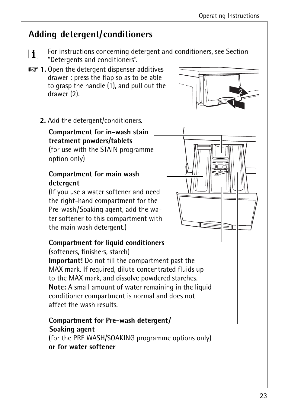 Adding detergent/conditioners | AEG LAVAMAT 86741 User Manual | Page 23 / 60