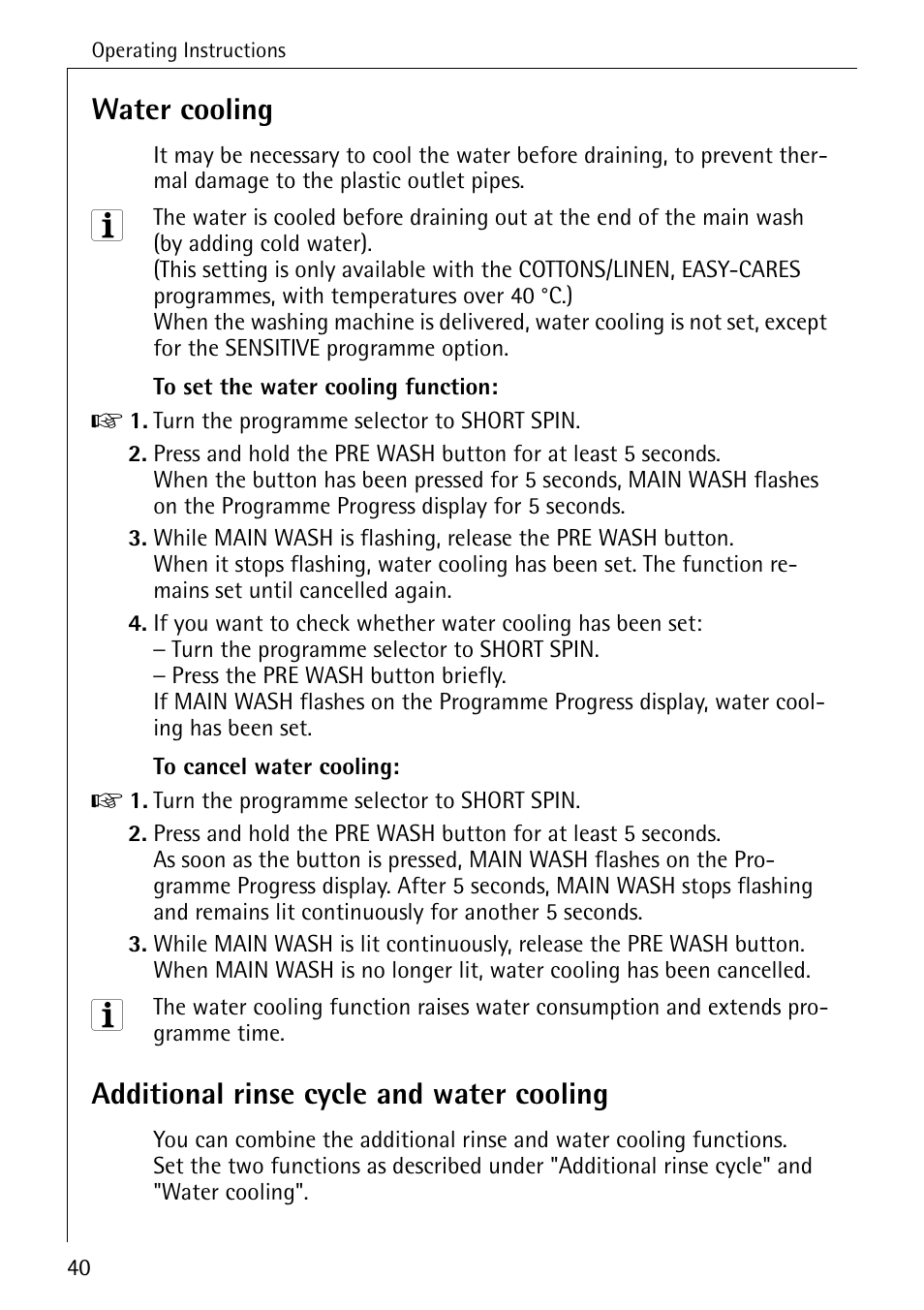 Water cooling, Additional rinse cycle and water cooling | AEG LAVAMAT 86741 User Manual | Page 40 / 60
