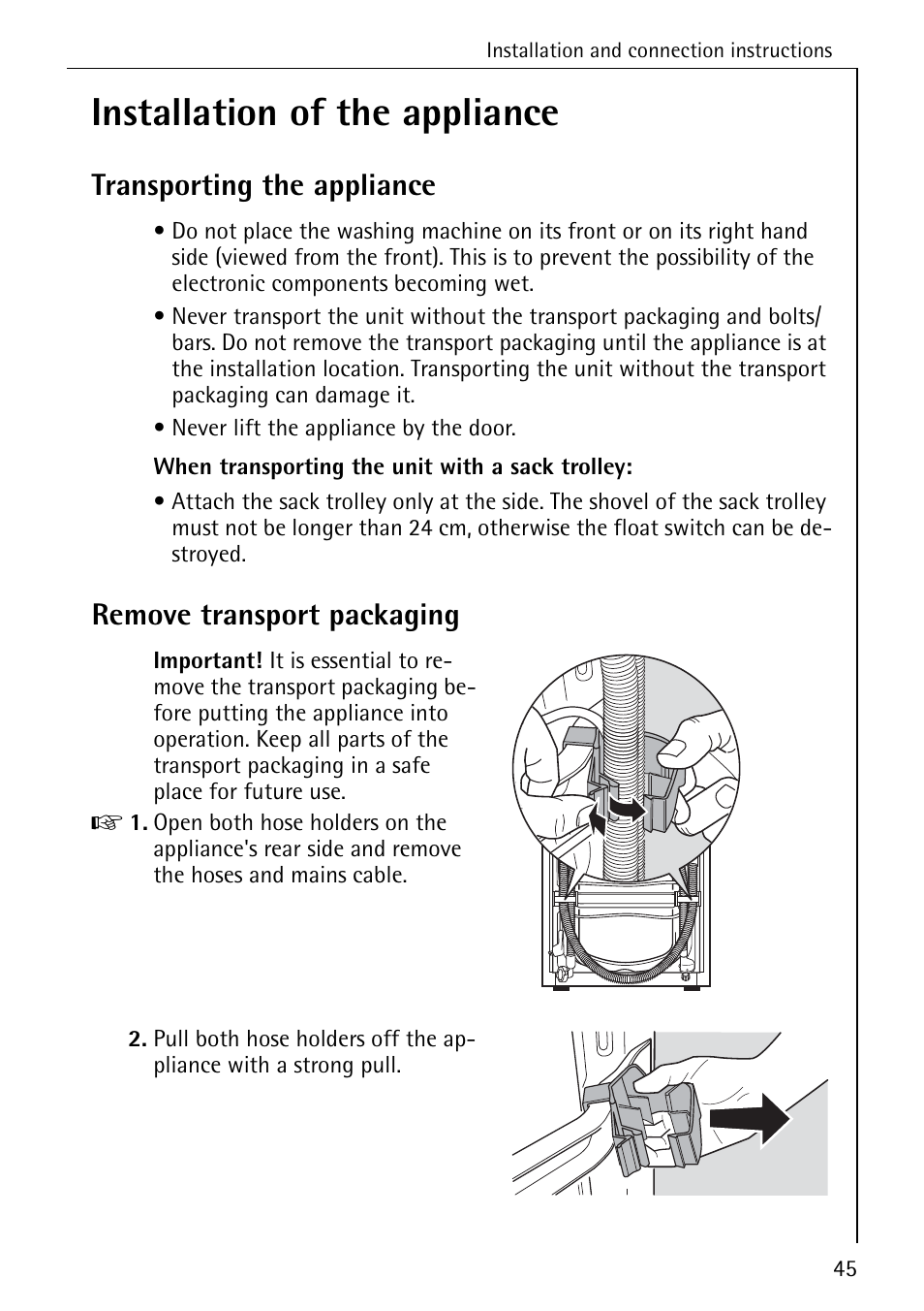 Installation of the appliance, Transporting the appliance, Remove transport packaging | AEG LAVAMAT 86741 User Manual | Page 45 / 60