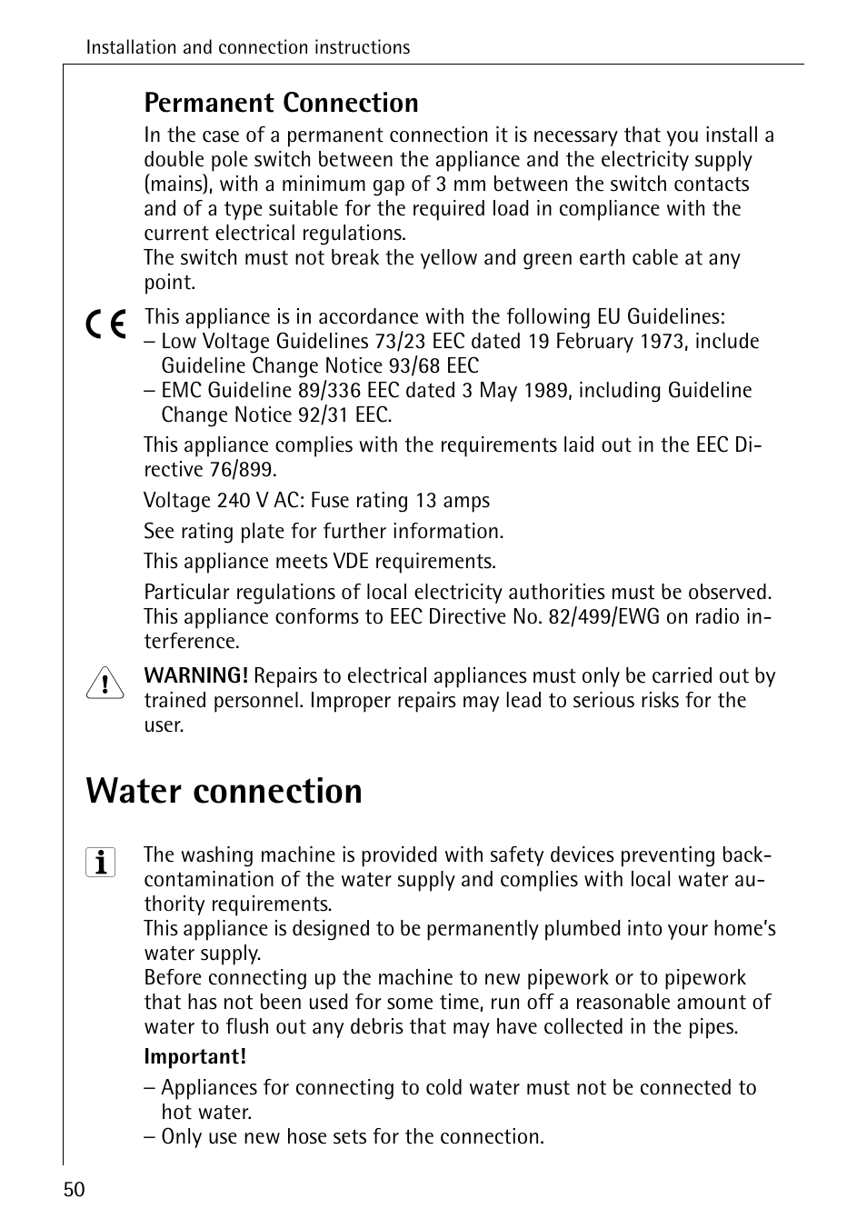 Water connection, Permanent connection | AEG LAVAMAT 86741 User Manual | Page 50 / 60