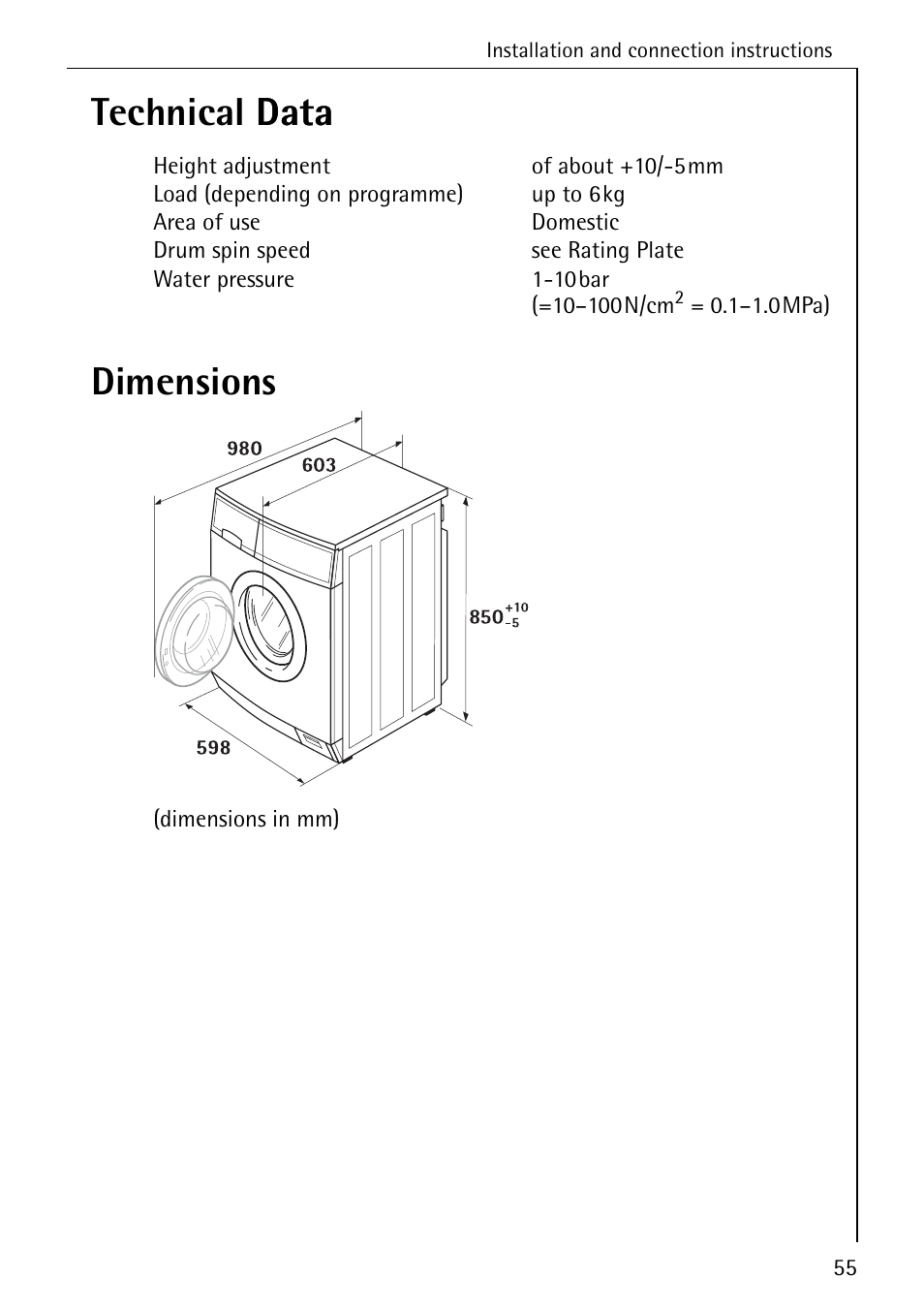 Technical data data dimensions | AEG LAVAMAT 86741 User Manual | Page 55 / 60