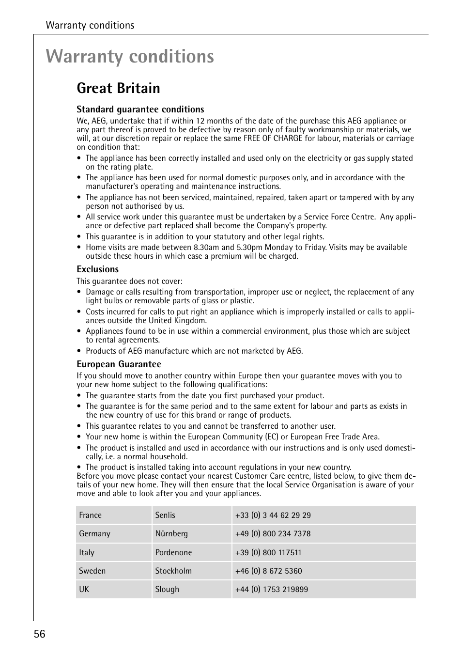 Great britain, Warranty conditions | AEG LAVAMAT 86741 User Manual | Page 56 / 60