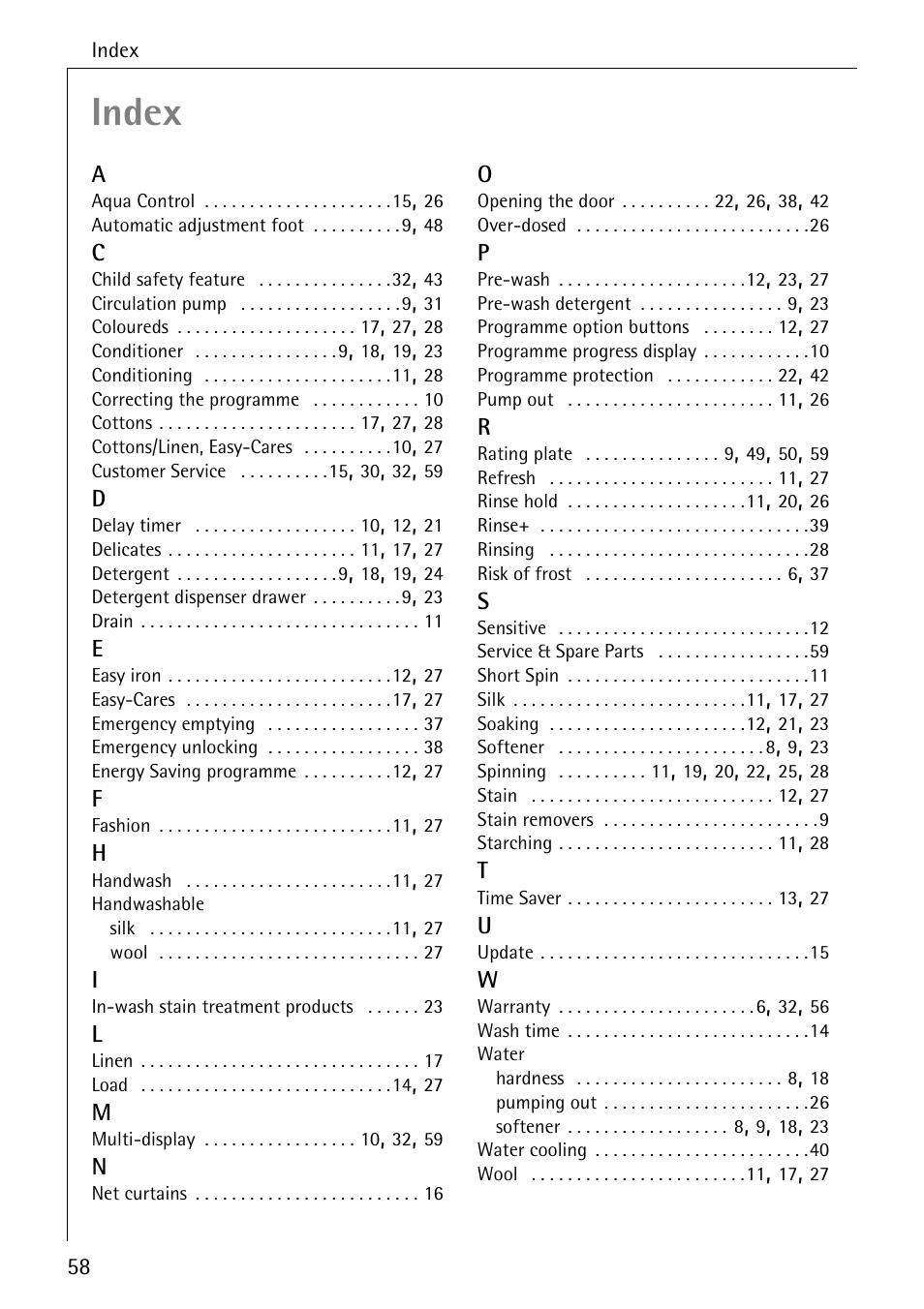 Index | AEG LAVAMAT 86741 User Manual | Page 58 / 60