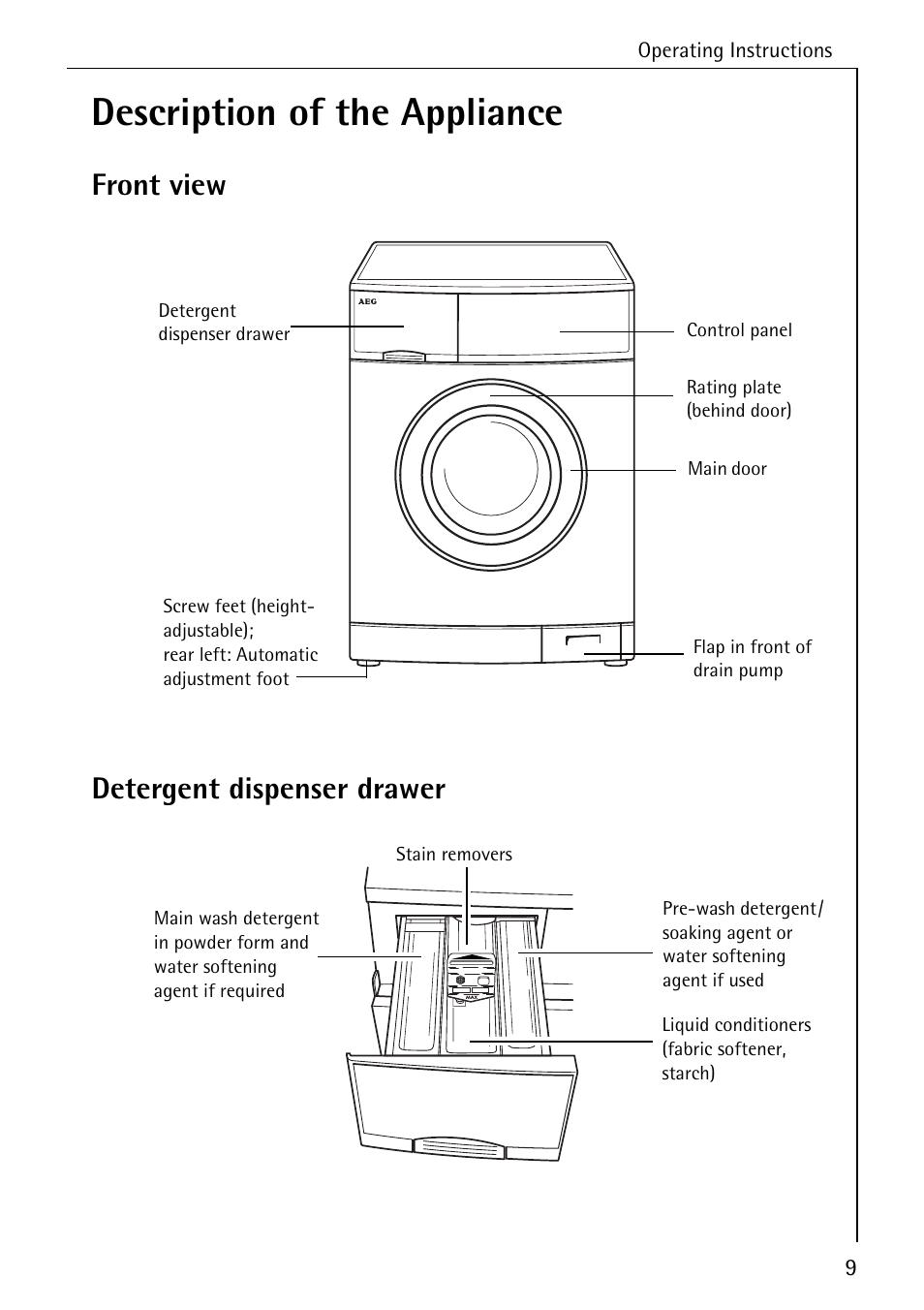 Description of the appliance, Front view detergent dispenser drawer | AEG LAVAMAT 86741 User Manual | Page 9 / 60
