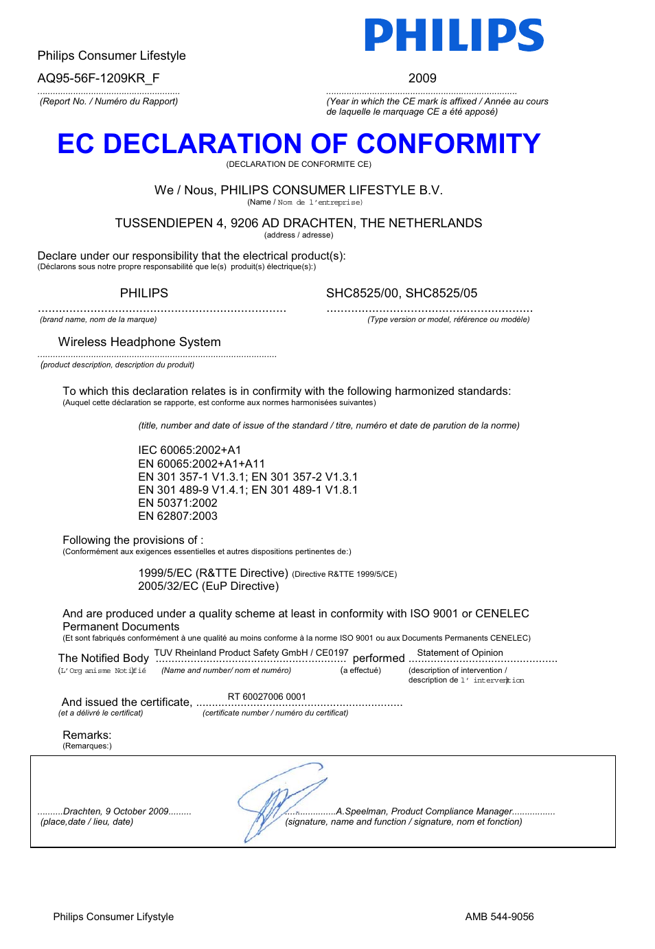 Ec declaration of conformity | Philips Auriculares Hi-Fi inalámbricos User Manual | Page 13 / 14