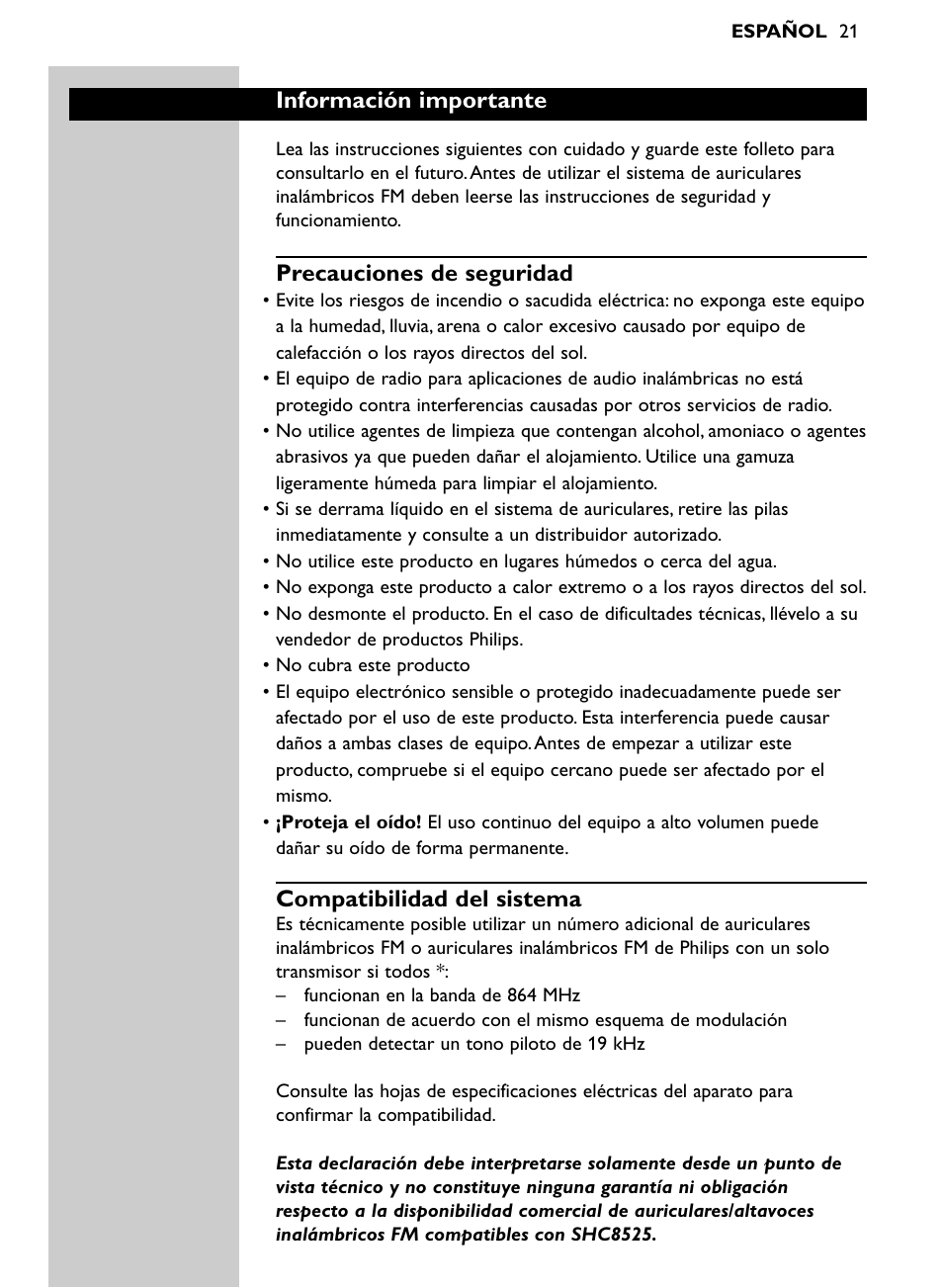 Información importante, Precauciones de seguridad, Compatibilidad del sistema | Philips Auriculares Hi-Fi inalámbricos User Manual | Page 5 / 14