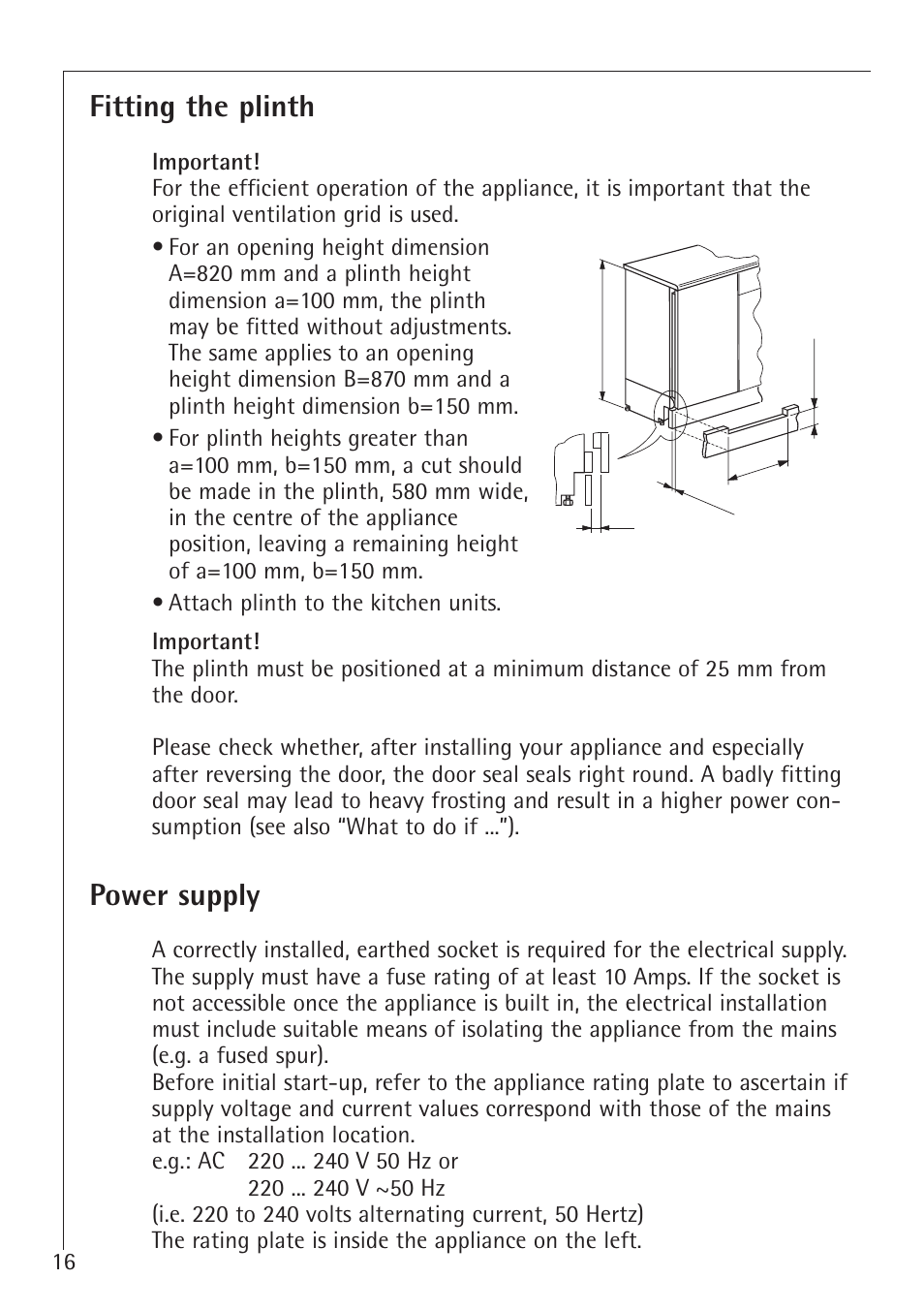 Fitting the plinth, Power supply | AEG 66000I User Manual | Page 16 / 28