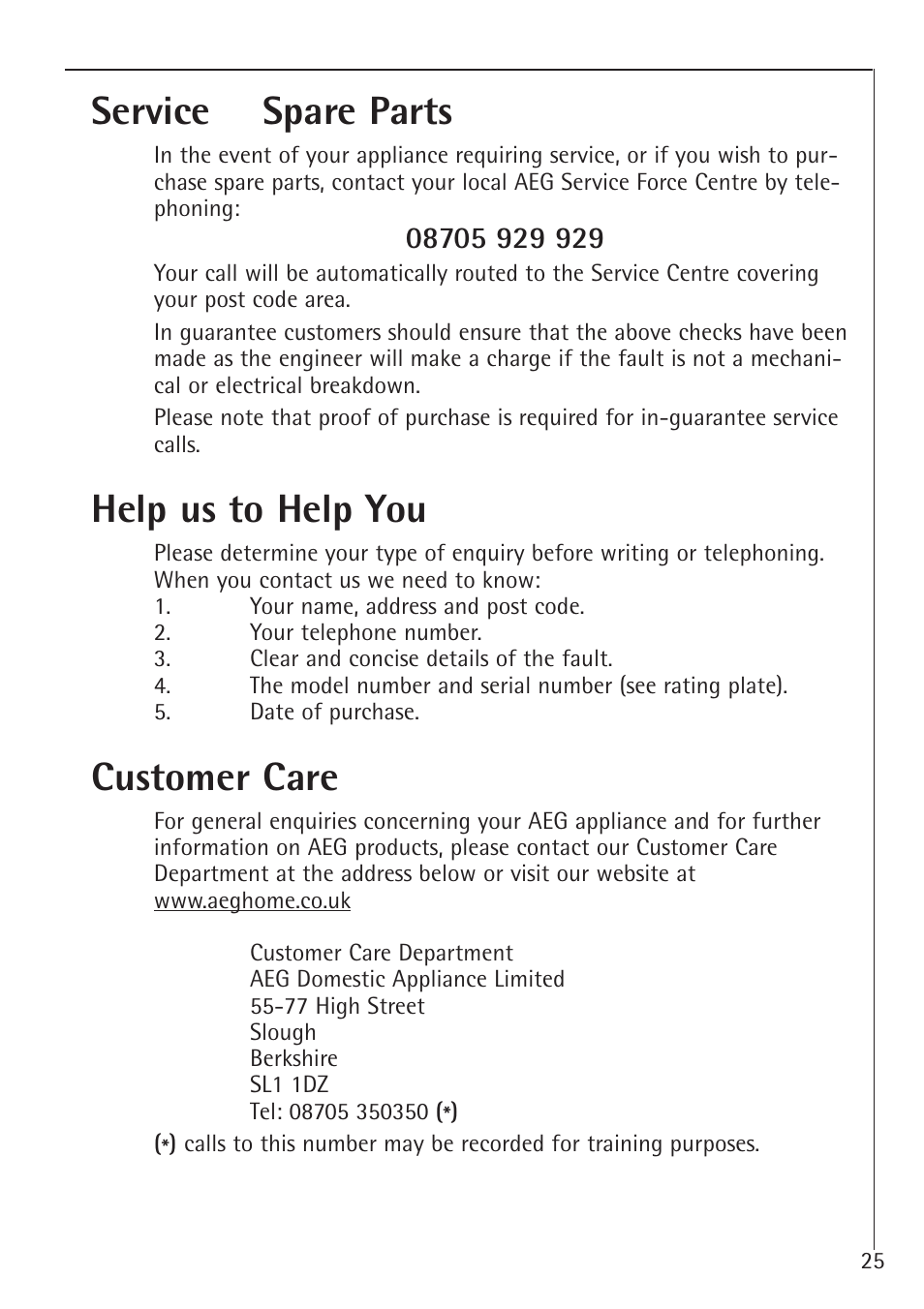 Service & spare parts, Help us to help you, Customer care | AEG 66000I User Manual | Page 25 / 28