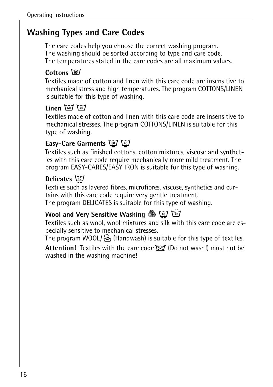 Washing types and care codes | AEG KO-LAVAMAT 70630 User Manual | Page 16 / 56