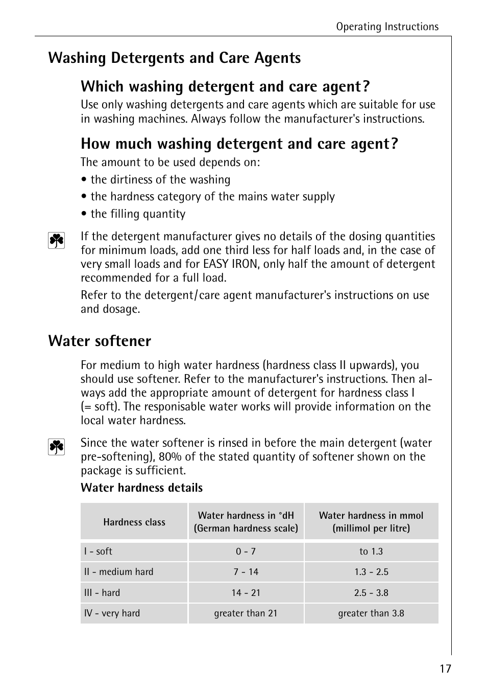 How much washing detergent and care agent, Water softener | AEG KO-LAVAMAT 70630 User Manual | Page 17 / 56