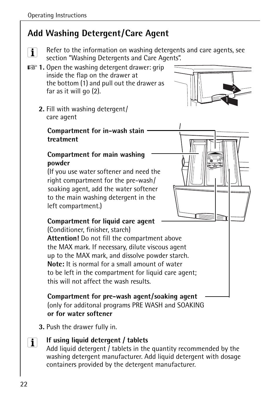 Add washing detergent/care agent | AEG KO-LAVAMAT 70630 User Manual | Page 22 / 56