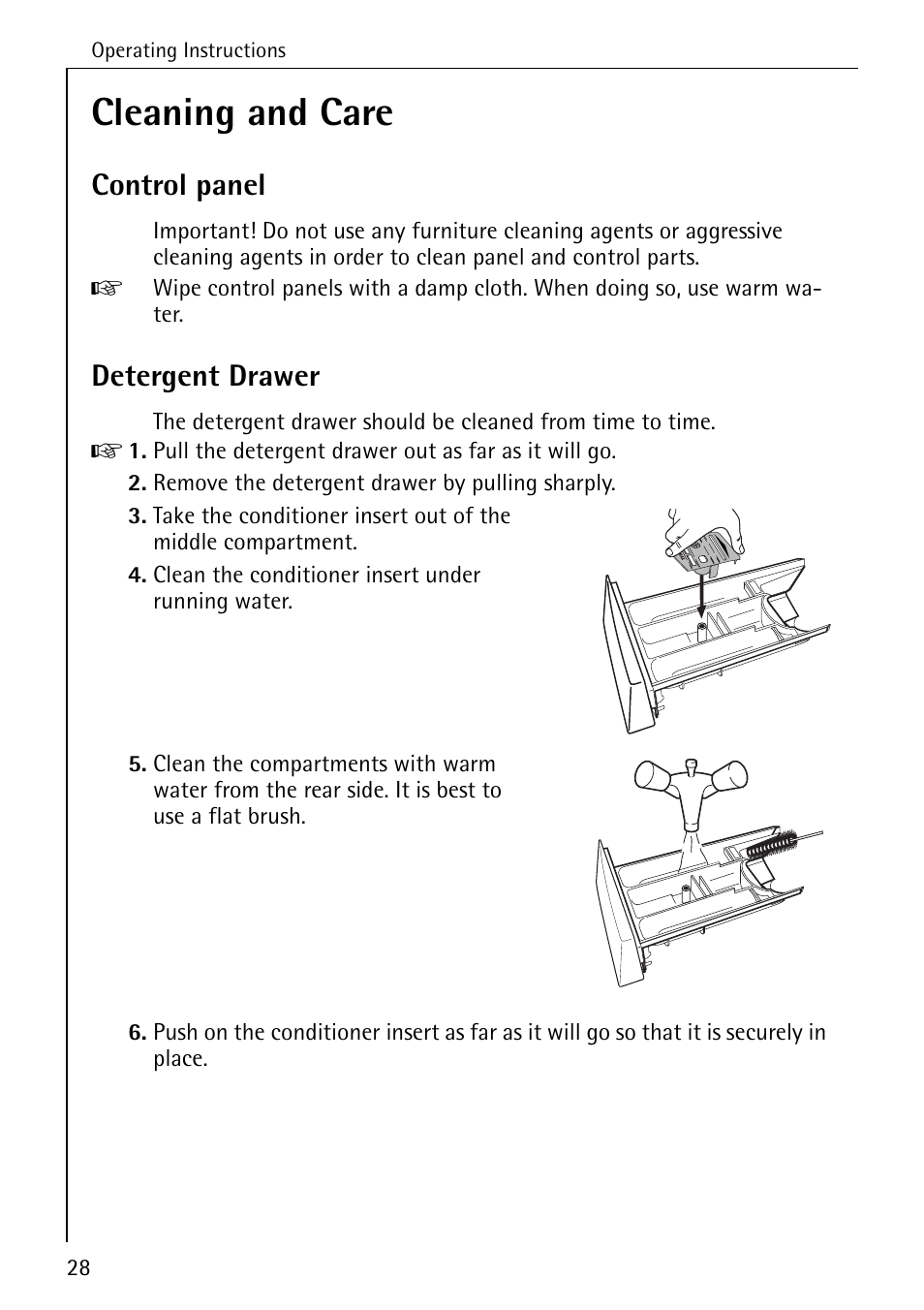 Cleaning and care, Control panel, Detergent drawer | AEG KO-LAVAMAT 70630 User Manual | Page 28 / 56