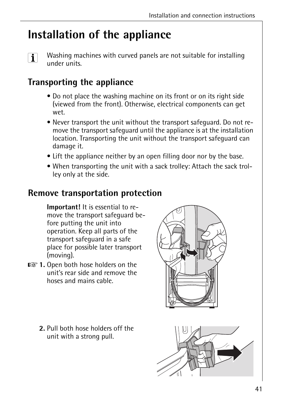 Installation of the appliance, Transporting the appliance, Remove transportation protection | AEG KO-LAVAMAT 70630 User Manual | Page 41 / 56