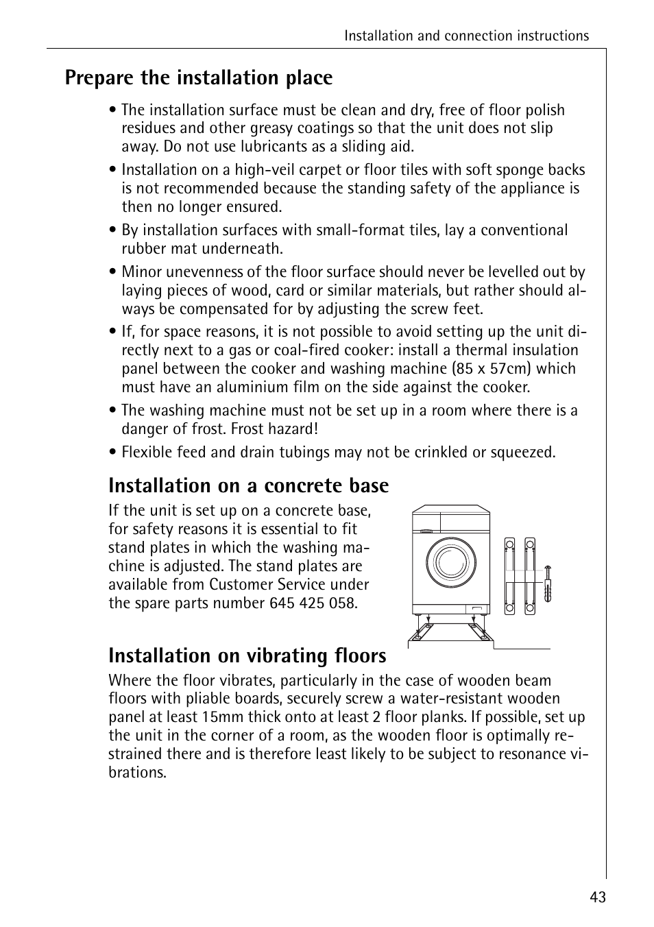 Prepare the installation place, Installation on a concrete base, Installation on vibrating floors | AEG KO-LAVAMAT 70630 User Manual | Page 43 / 56