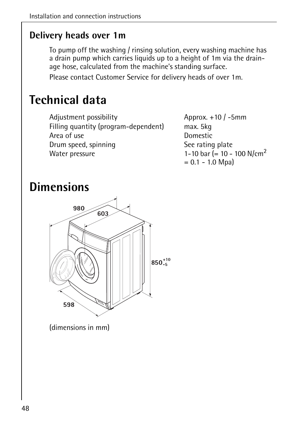 Technical data dimensions, Delivery heads over 1m | AEG KO-LAVAMAT 70630 User Manual | Page 48 / 56