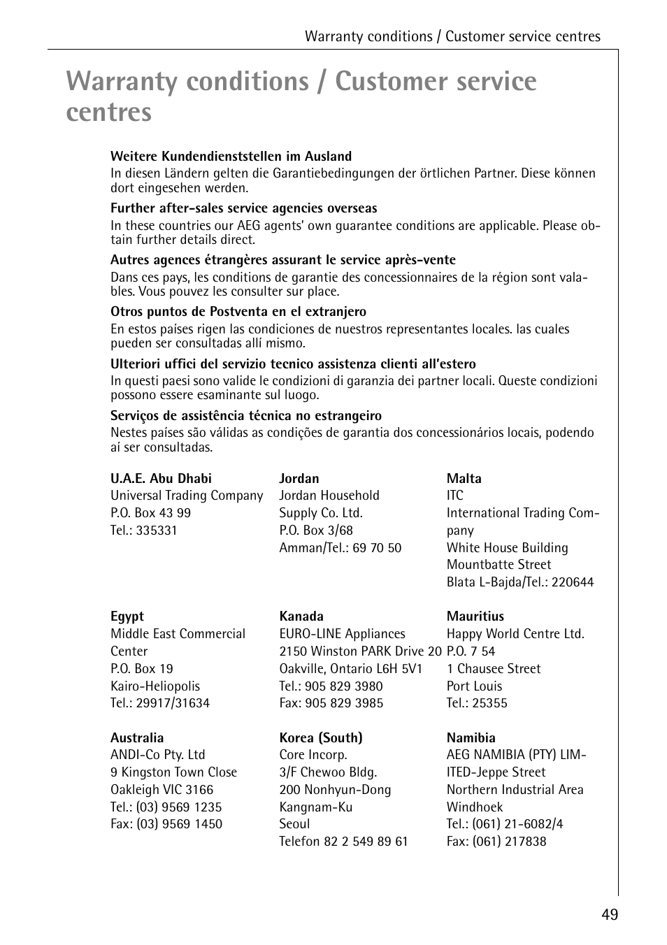 Warranty conditions / customer service centres | AEG KO-LAVAMAT 70630 User Manual | Page 49 / 56