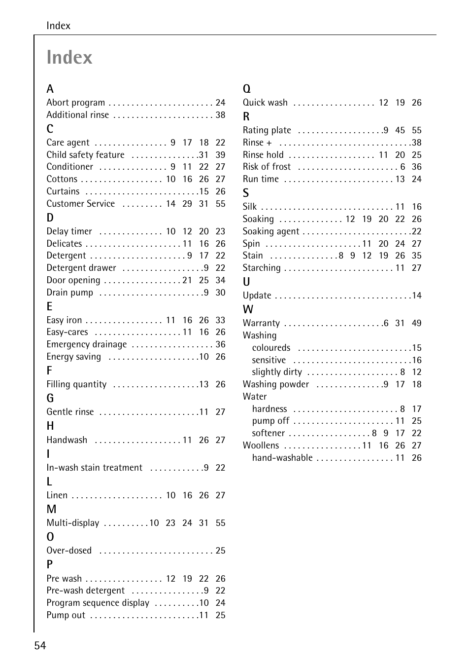 Index | AEG KO-LAVAMAT 70630 User Manual | Page 54 / 56