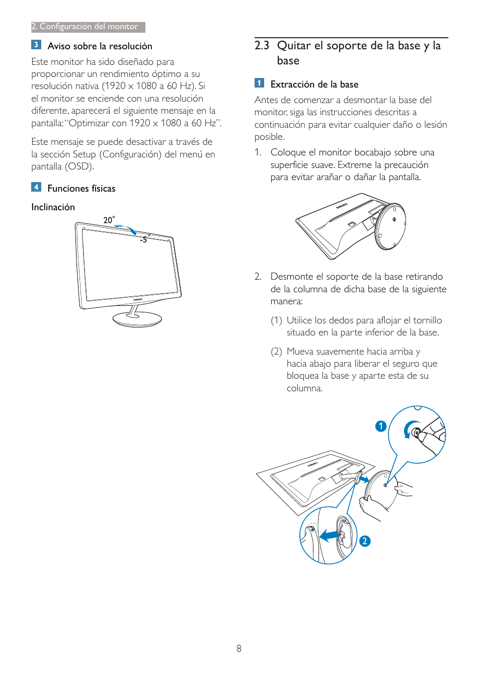 3 quitar el soporte de la base y la base | Philips 227E3Q User Manual | Page 10 / 44