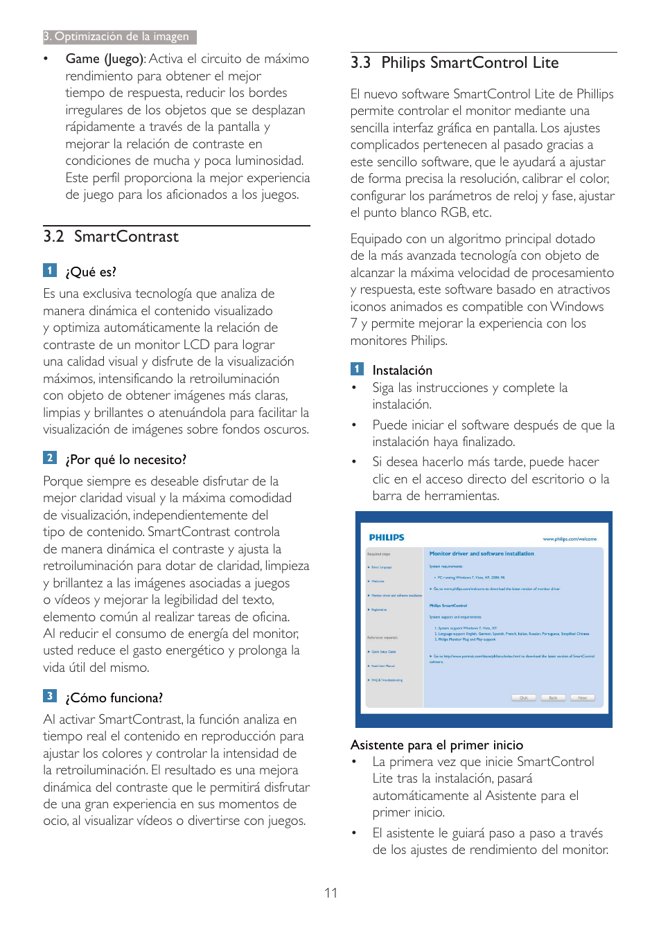 2 smartcontrast, 3 philips smartcontrol lite | Philips 227E3Q User Manual | Page 12 / 44