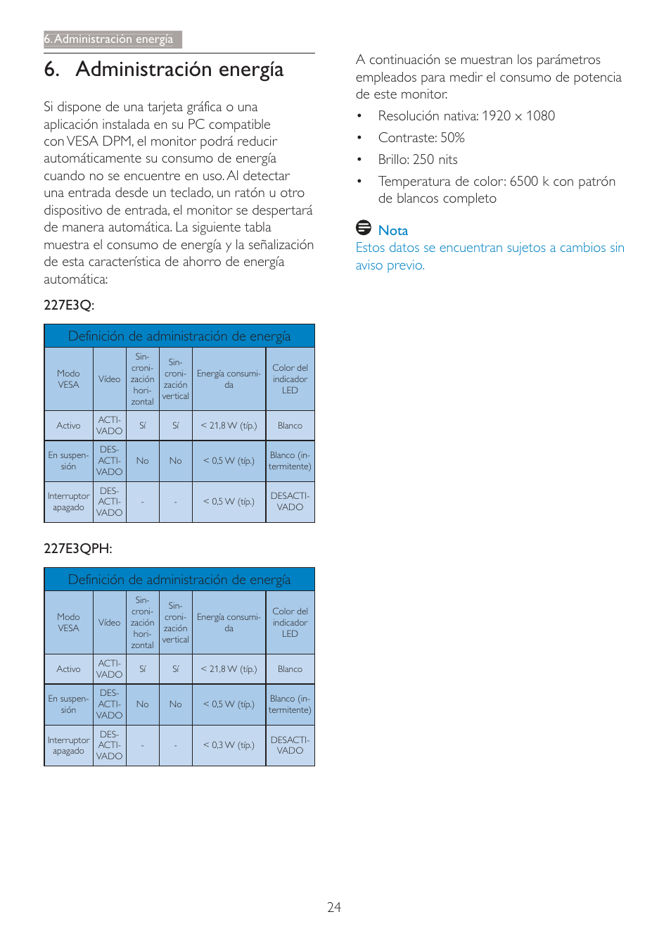 227e3qph: definición de administración de energía, Administración energía | Philips 227E3Q User Manual | Page 25 / 44