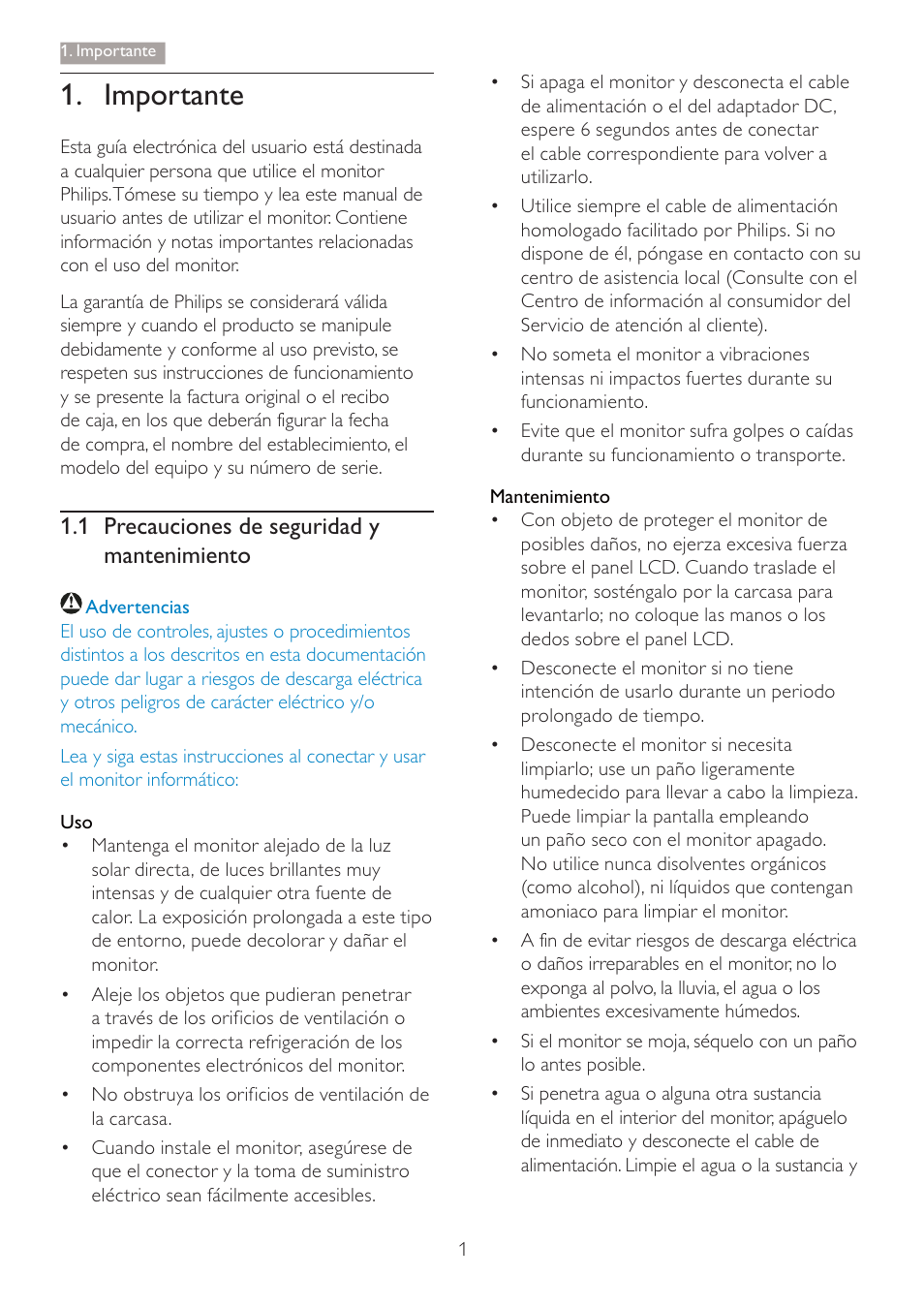 Importante, 1 precauciones de seguridad y mantenimiento | Philips 227E3Q User Manual | Page 3 / 44