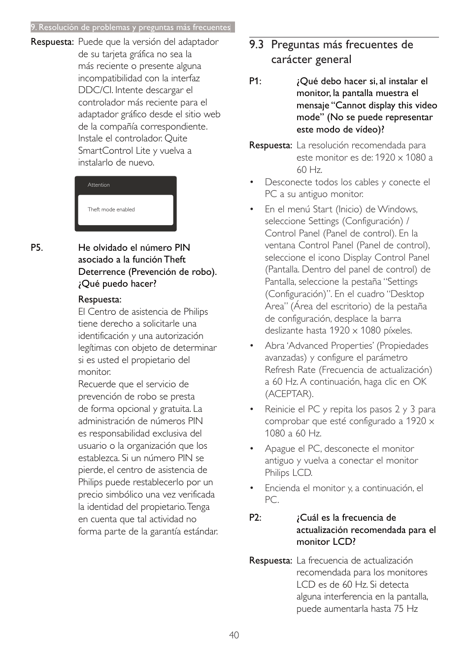 3 preguntas más frecuentes de carácter general | Philips 227E3Q User Manual | Page 41 / 44