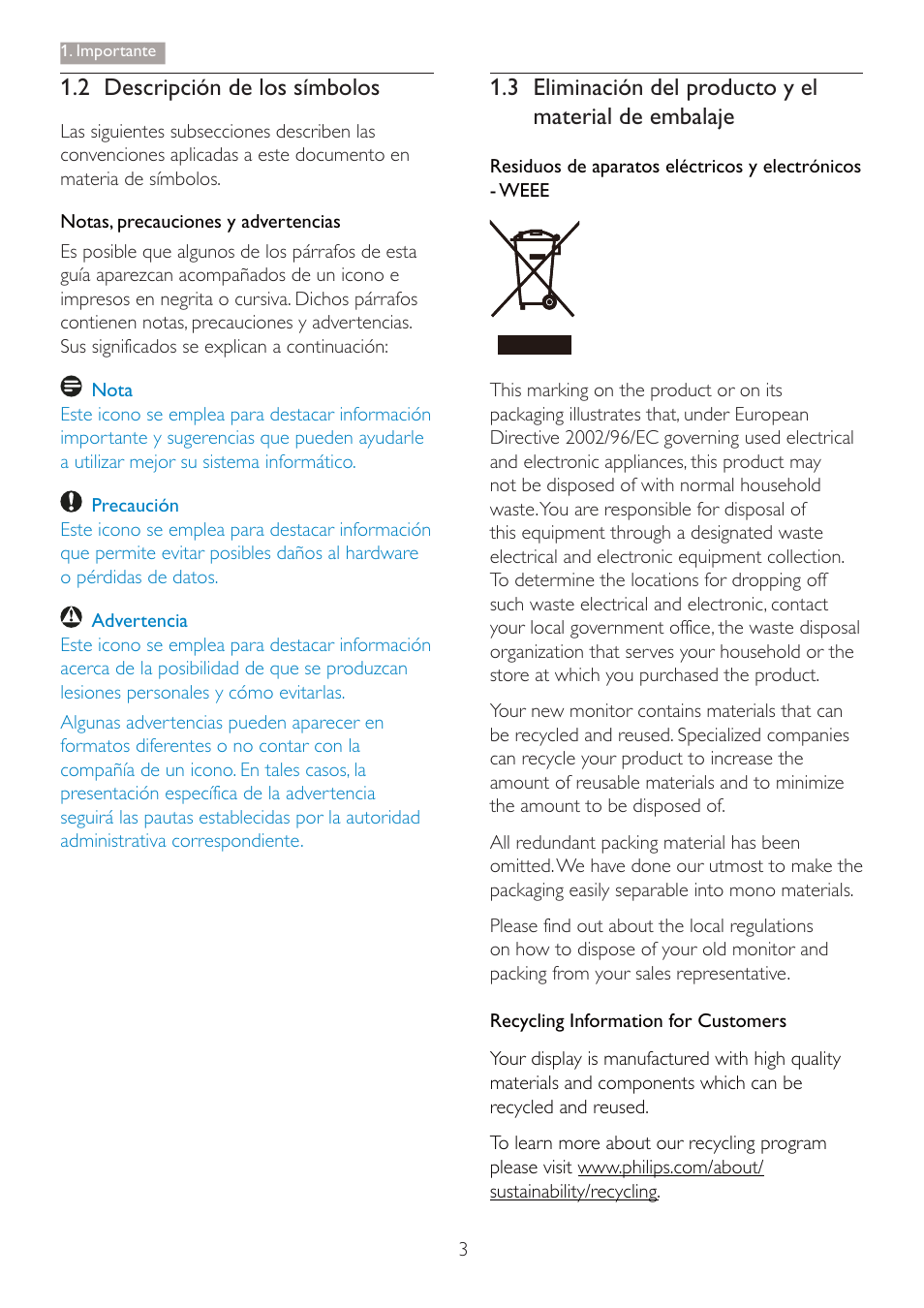 2 descripción de los símbolos | Philips 227E3Q User Manual | Page 5 / 44
