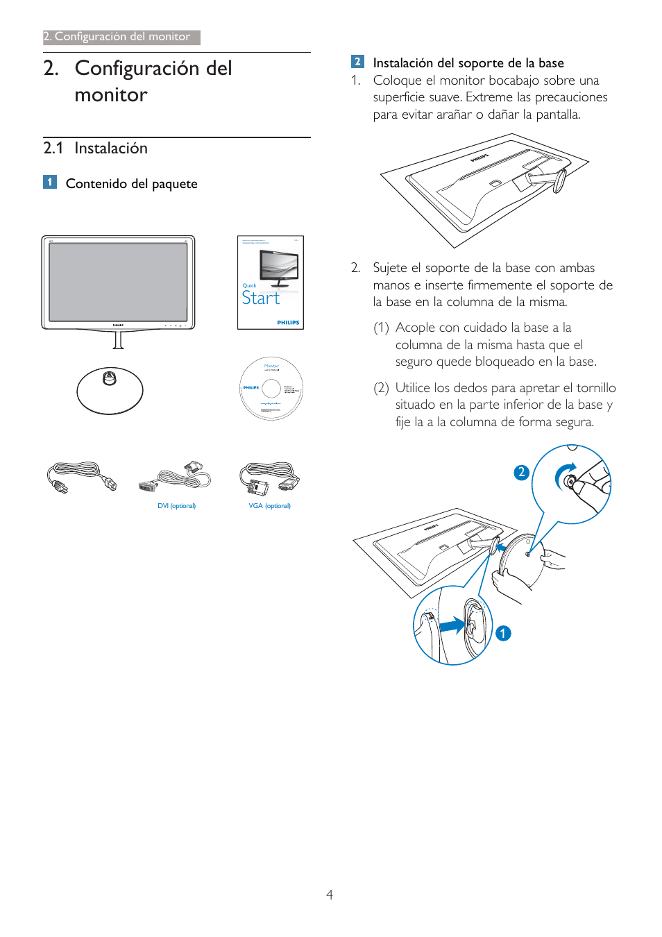 Configuración del monitor, Start, 1 instalación | Philips 227E3Q User Manual | Page 6 / 44