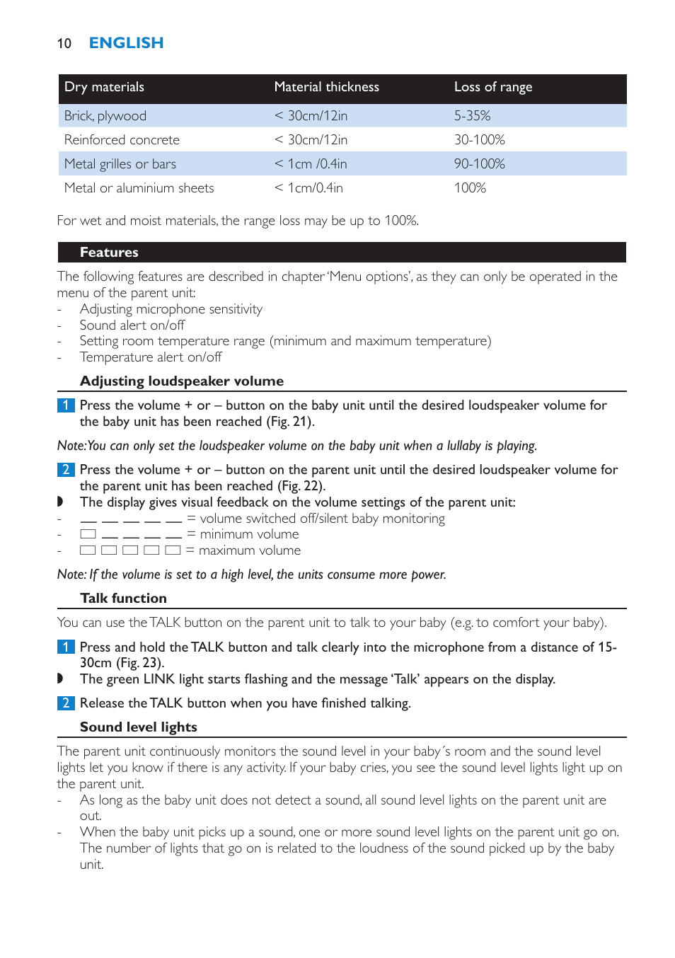 Features, Adjusting loudspeaker volume, Talk function | Sound level lights | Philips AVENT Vigilabebés DECT User Manual | Page 10 / 196
