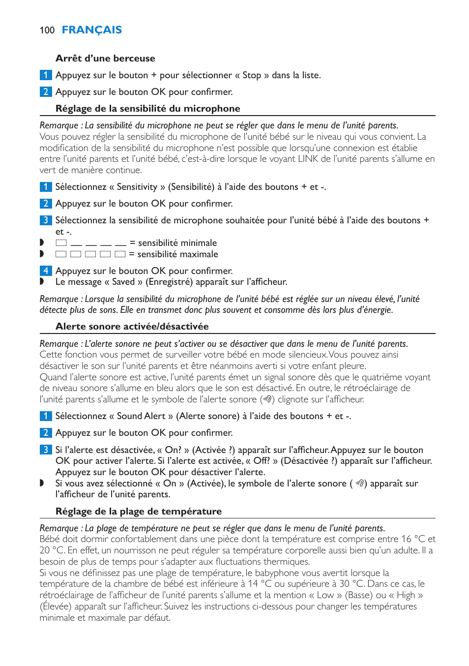 Arrêt d’une berceuse, Réglage de la sensibilité du microphone, Alerte sonore activée/désactivée | Réglage de la plage de température | Philips AVENT Vigilabebés DECT User Manual | Page 100 / 196