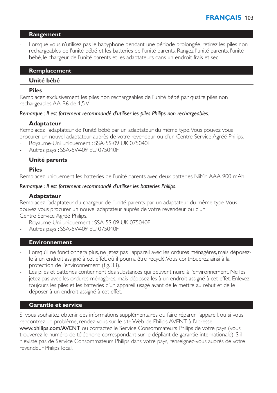 Rangement, Remplacement, Unité bébé | Piles, Adaptateur, Unité parents, Environnement, Garantie et service | Philips AVENT Vigilabebés DECT User Manual | Page 103 / 196