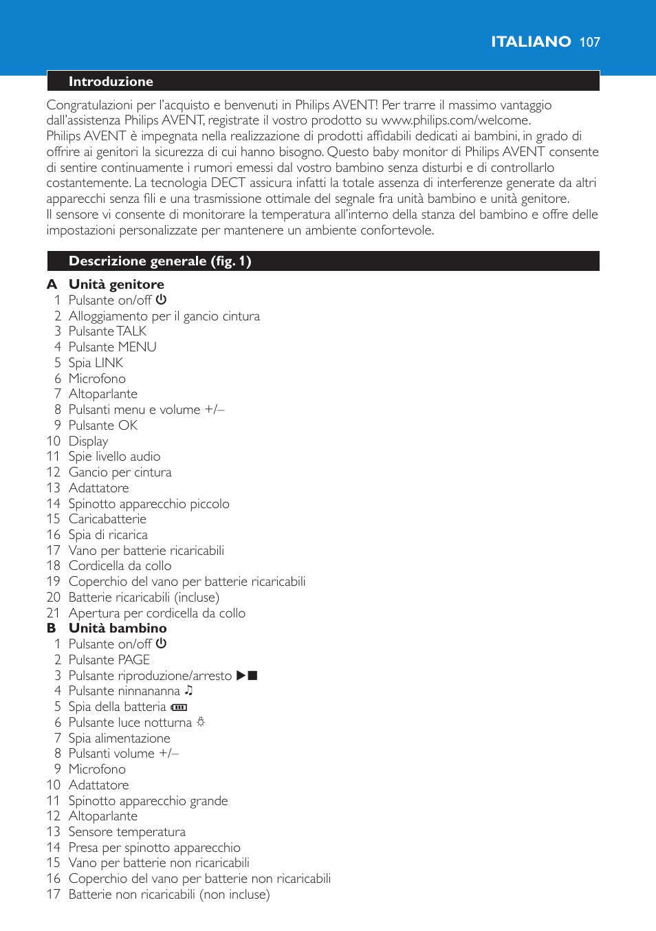 Italiano, Introduzione, Descrizione generale (fig. 1) | Philips AVENT Vigilabebés DECT User Manual | Page 107 / 196