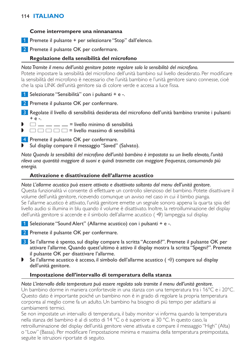 Come interrompere una ninnananna, Regolazione della sensibilità del microfono, Attivazione e disattivazione dell’allarme acustico | Philips AVENT Vigilabebés DECT User Manual | Page 114 / 196