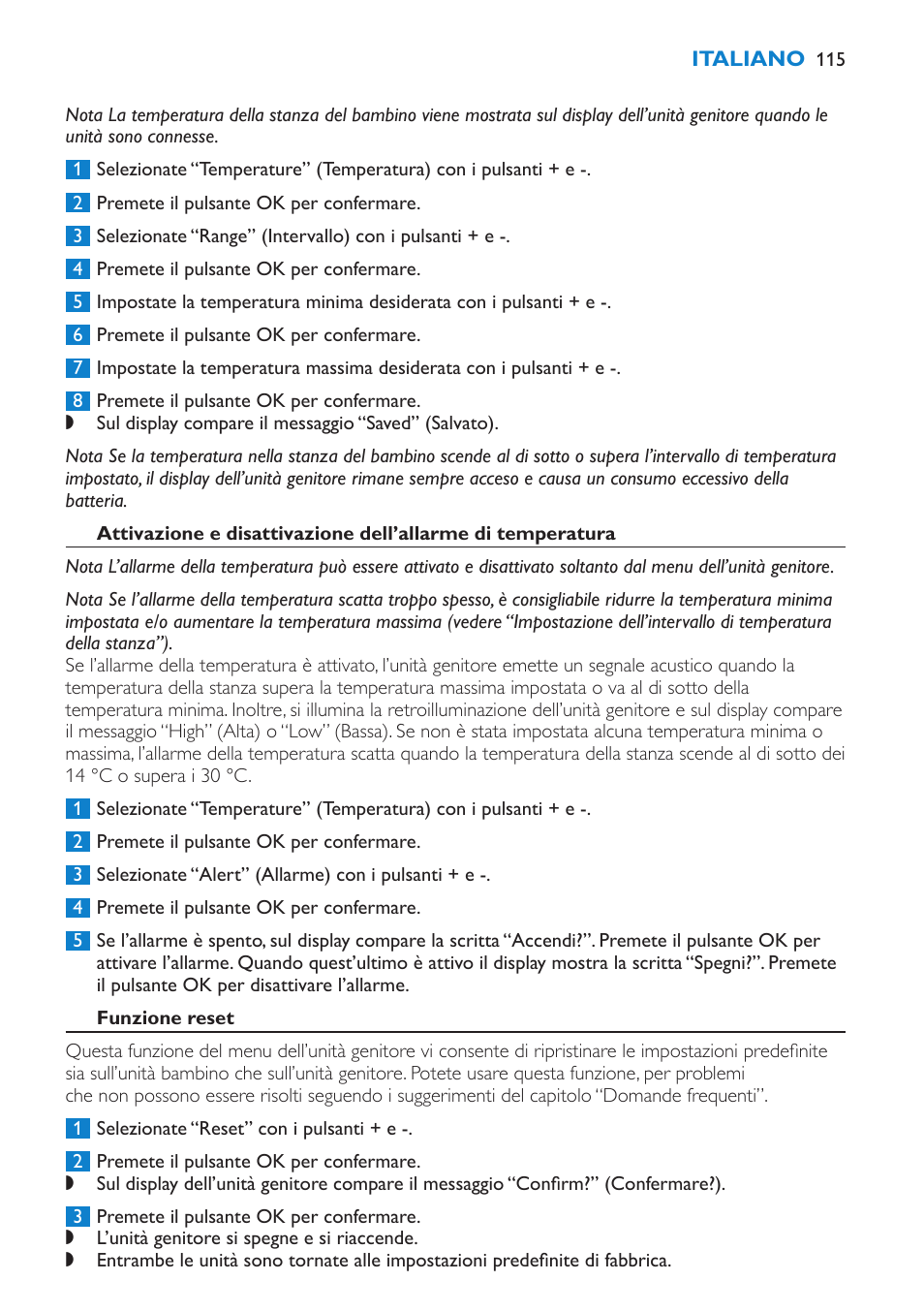 Funzione reset | Philips AVENT Vigilabebés DECT User Manual | Page 115 / 196